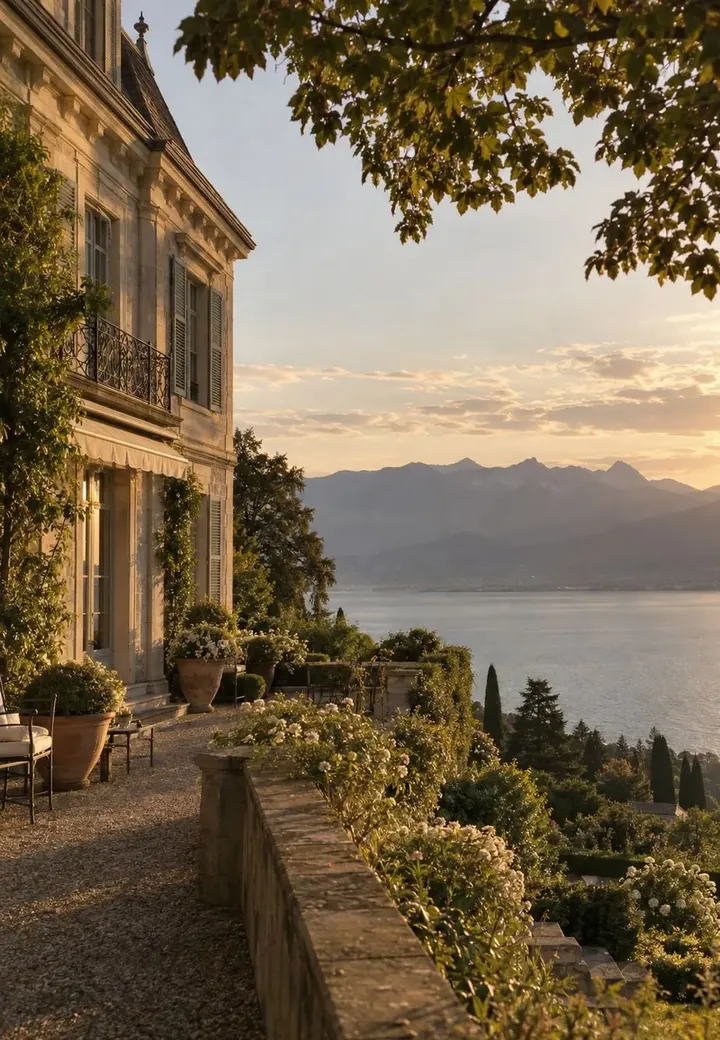 A stone house and its garden terrace above the lake at sunset