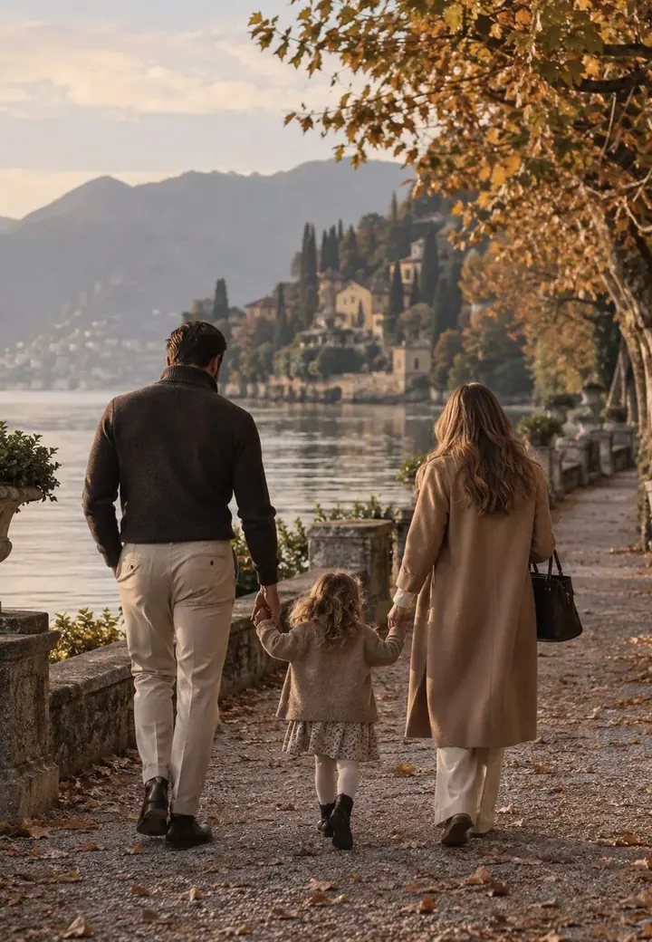 A family seen from behind walking along a lakeside path in autumn