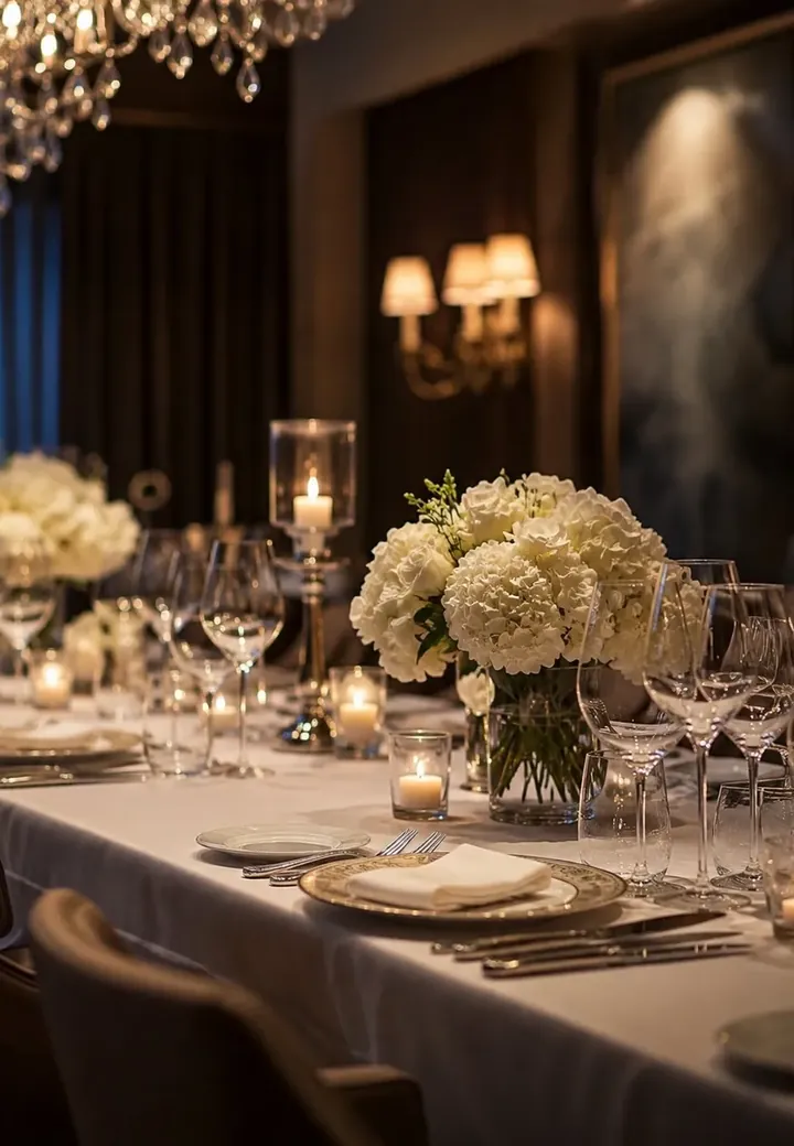 A private dining table laid with candles and white flowers under a chandelier