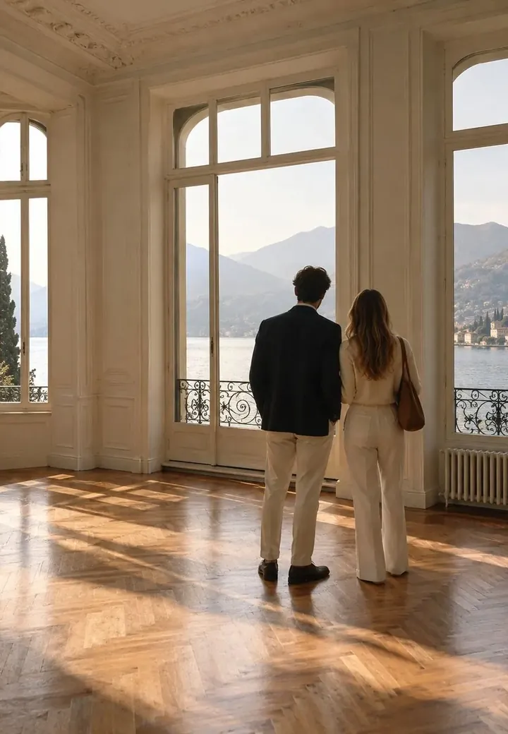 A couple seen from behind in a bright, empty room, looking out over the lake during a viewing