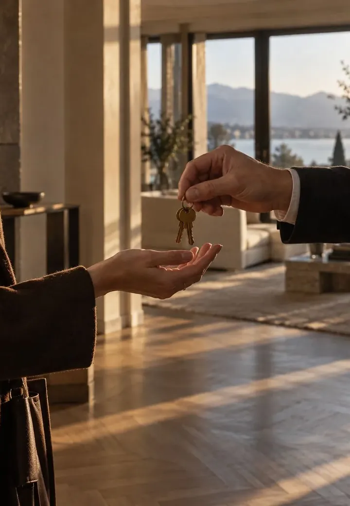A set of brass house keys handed over in a bright apartment overlooking the lake