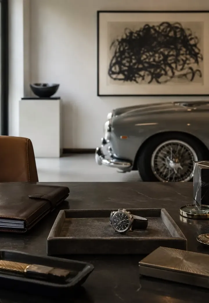 A desk with a watch and leather trays, a classic car in the room beyond