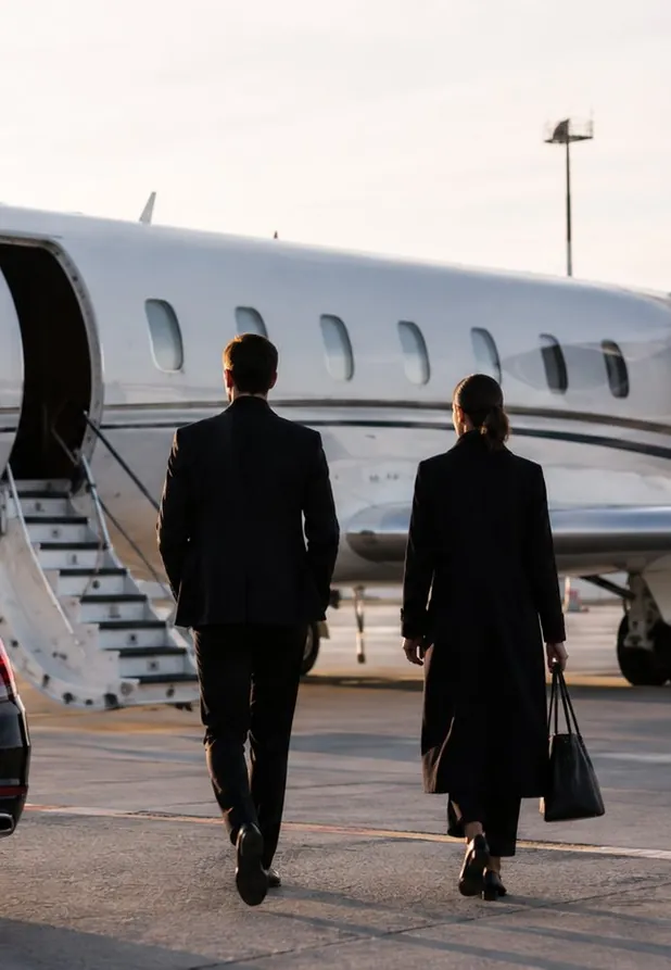 Two travellers walking from a car to a waiting private jet