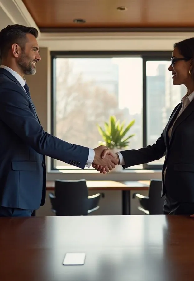 Two people shaking hands in a private office