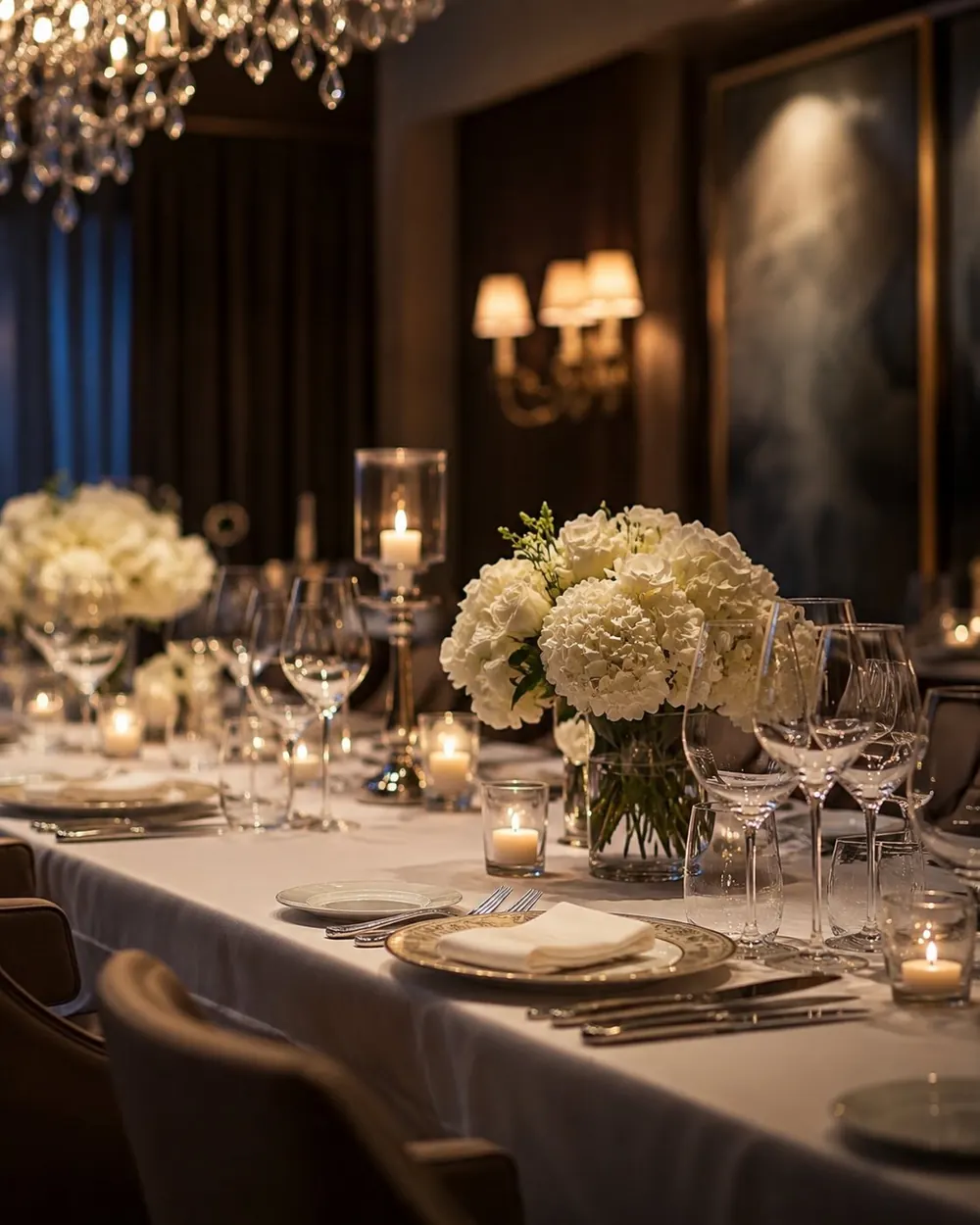 A private dining table laid with candles and white flowers under a chandelier
