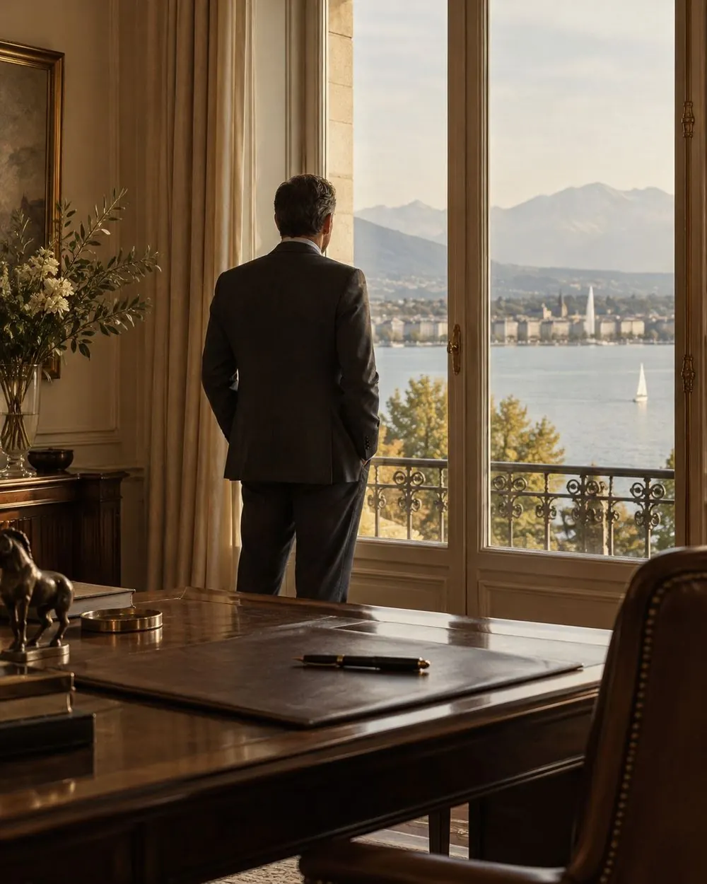 A man seen from behind at the window of an office overlooking Lake Geneva