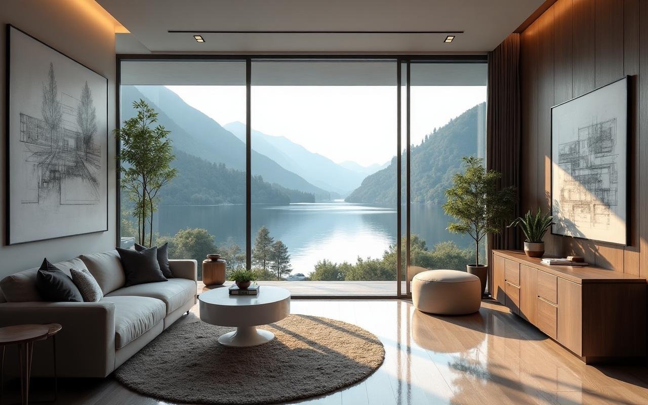 A living room overlooking a lake and mountains
