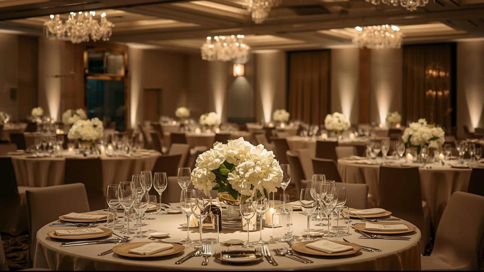 A private dining room set for an evening event