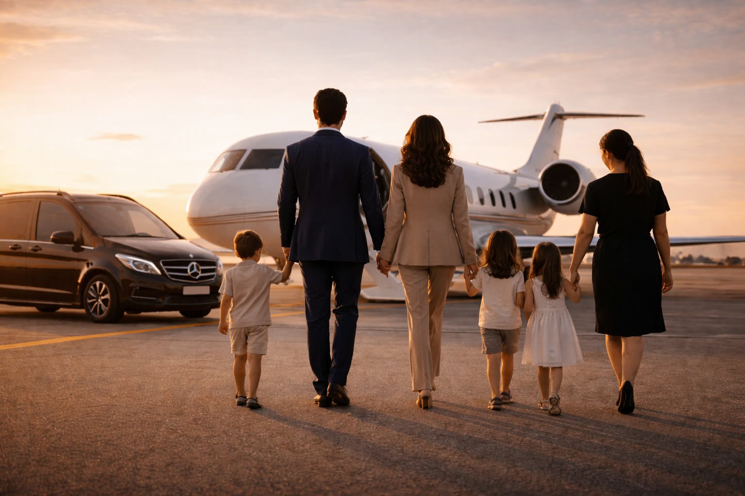 A family walking toward a private jet