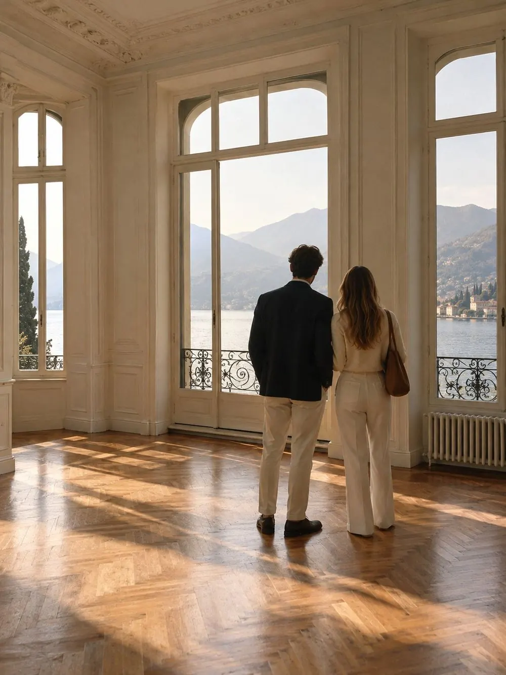 A couple seen from behind in a bright, empty room, looking out over the lake during a viewing